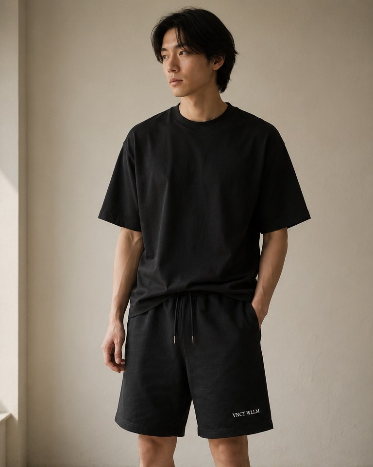 Élude - Shorts in black, worn front view with the VNCT WLLM embroidery at the right thigh