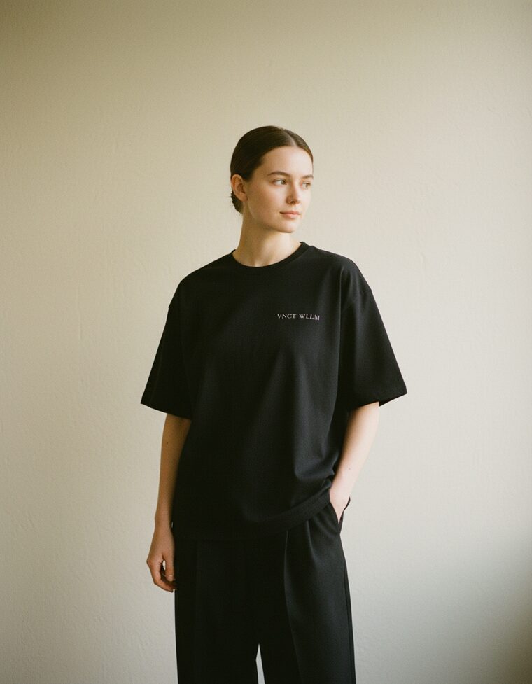 Oversized Tee in black, worn front view with chest wordmark